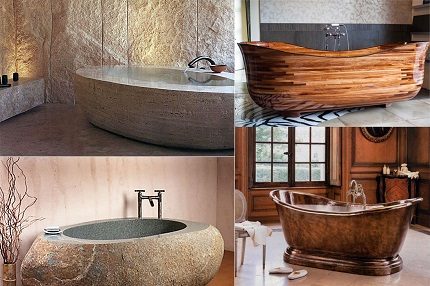 Stone, copper and wooden bathtubs